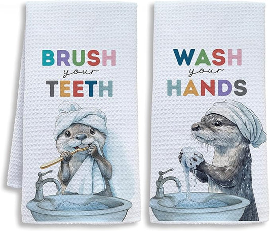 Sea Otter Bathroom Decor Hand Towels, Kids Bathroom Decor, Brush Your Teeth Wash Your Hands Funny Kids Hand Towels for Bath Room Washroom, 16x24 Inch Set of 2