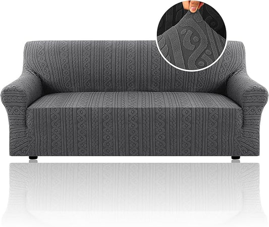 H.VERSAILTEX Jacquard Couch Covers for 3 Cushion Couch 1 Piece Stretch Sofa Covers Furniture Protector Anti-Slip Soft Thickened Dogs Slipcovers Washable Spiral Pattern(Sofa, Grey)