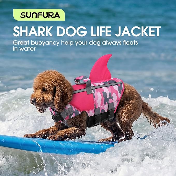SUNFURA Dog Life Jacket Shark Life Vest for Dogs, Adjustable Swmming Vest with High Buoyancy, Safety Lifesaver with Rescue Handle for French Bulldog Small Medium Breeds, PinkCamo M