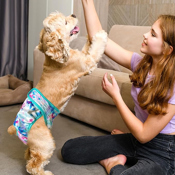 Langsprit Washable Female Dog Diapers (3 Pack) - No Leak Reusable Diapers for Doggy Female in Period - Highly Absorbent Dog Heat Panties with Adjustable Snaps Colourful XL Size