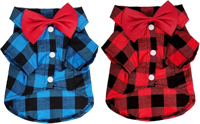 Tongcloud 2 Pack Plaid Dog Shirts Plaid Puppy Cat Shirt Dog Shirts Plaid Puppy Shirts for Small Dogs Cats Birthday Party and Holiday(Red and Blue, Medium)