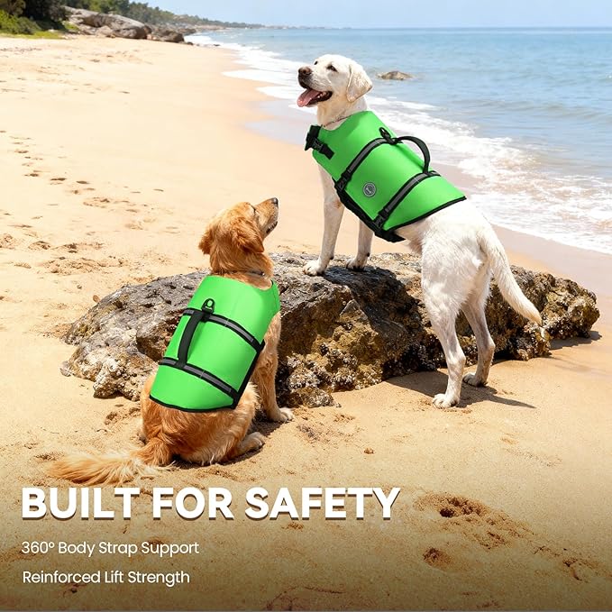 VIVAGLORY Rip Stop Dog Life Vest, Swimming Vest with Handle, Buoyancy for Doggy Puppy, Dog Life Jacket for Swimming & Boating, L, Bright Green