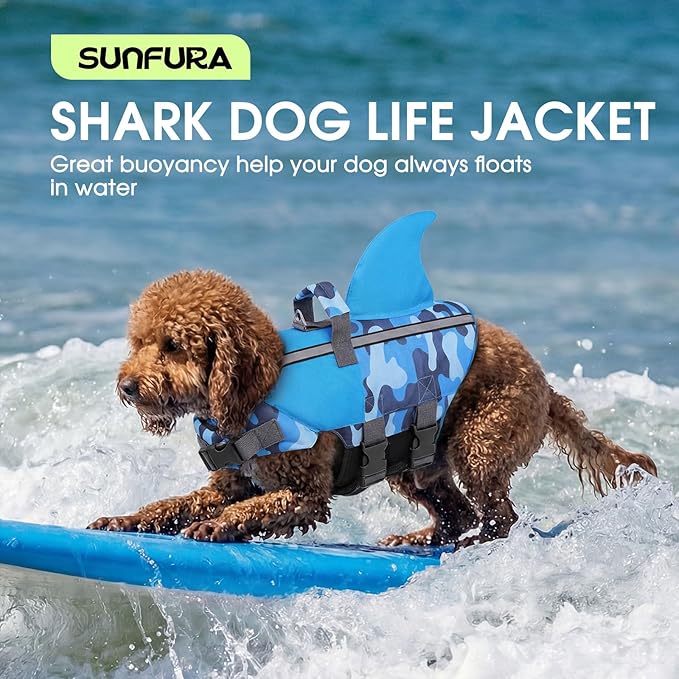 SUNFURA Dog Life Jacket Shark Life Vest for Dogs, Adjustable Swmming Vest with High Buoyancy, Safety Lifesaver with Rescue Handle for French Bulldog Small Medium Breeds, BlueCamo M