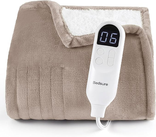 Bedsure Heated Blanket Throw Blanket - Fast Heating Electric Blanket, Soft Flannel Throw with 6 Time Settings(Up to 10H), 6 Heating Settings, Gifts for Grandma Grandpa Seniors (50"x60", Taupe)