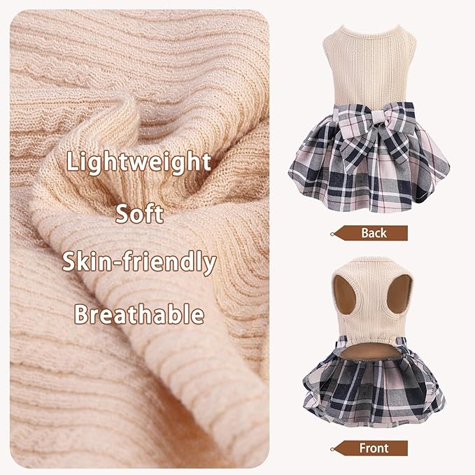 PUPTECK Classic Plaid Dog Dress Pet Apparel with Cute Bowtie Puppy Clothes Outfit,Cream,L