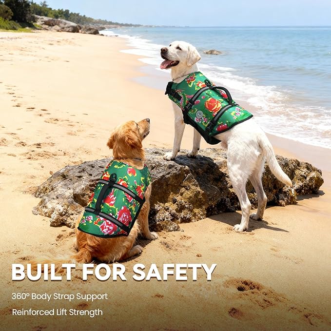 VIVAGLORY Rip Stop Dog Life Vest, Swimming Vest with Handle, Buoyancy for Doggy Puppy, Dog Life Jacket for Swimming & Boating, M, Northeast Florals-Green