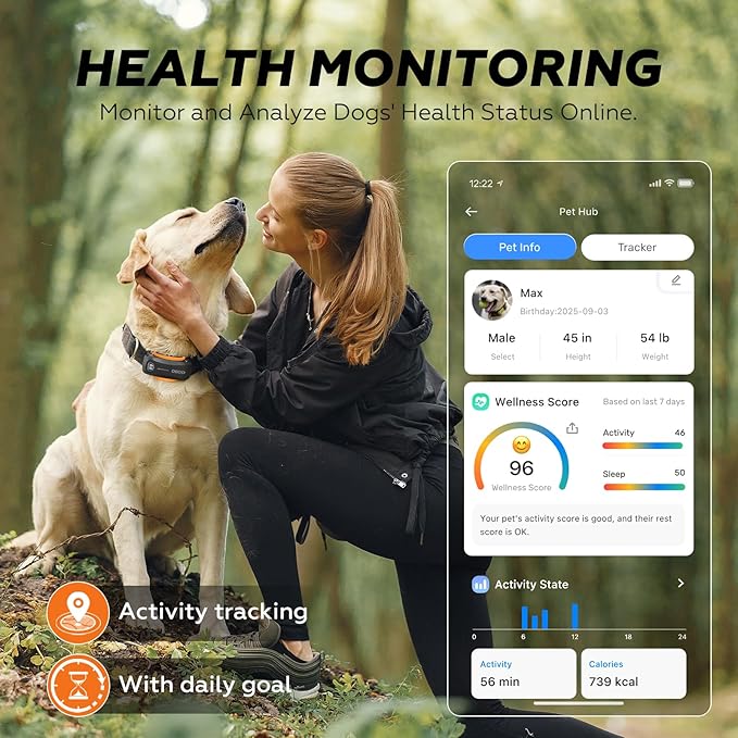 AI GPS Tracker for Dogs (30lbs+), Real Time Location and AI Vet Health Management, Electronic Fence, Waterproof, iOS and Android Universal (D5-Black)