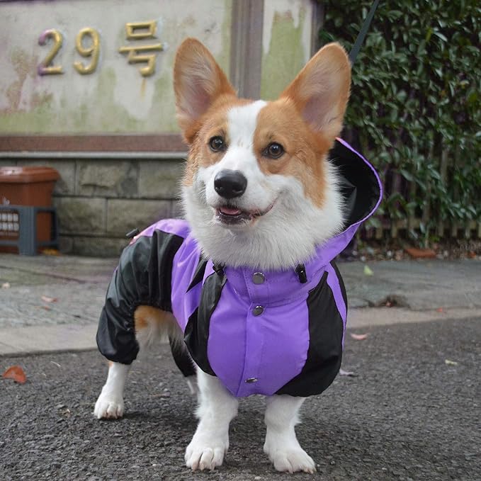 Lovelonglong Dog Hooded Raincoat, Large Dog Rain Jacket Poncho Waterproof Clothes with Hood Breathable 4 Feet Four Legs Rain Coats for Small Medium Large Pet Dogs Purple L-XS