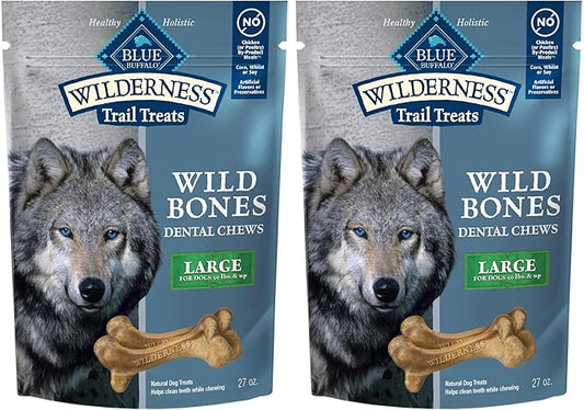 Blue Buffalo Wilderness Wild Bones Grain-Free Dental Chews Dog Treats, Large, 27-oz Bag, (Pack of 2)