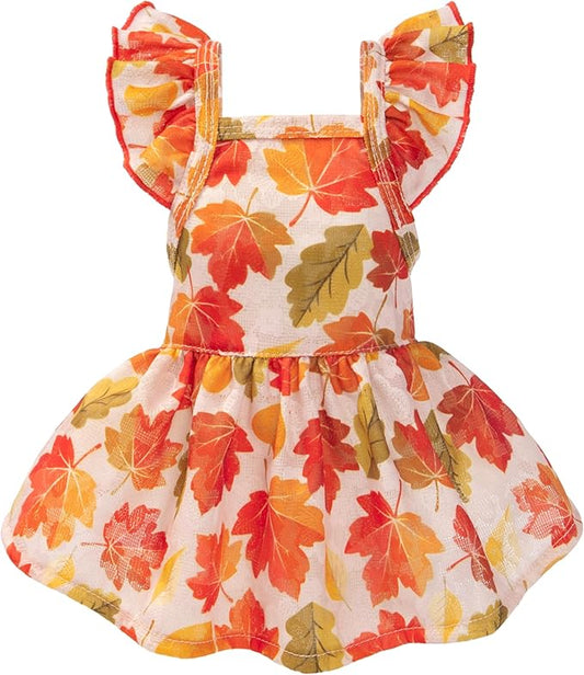 Fitwarm Maple Dog Dress, Ruffled Doggy Thanksgiving Dress, Fall Dog Clothes for Small Dogs Girl, Pet Outfit, Red, Orange, Large