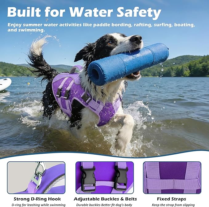 Dog Life Jacket, High Buoyancy Dog Life Vest with Handle for Swimming Boating, Adjustable Swimming Vest with Reflective Trim for Small Medium Large Dogs - Purple, XL