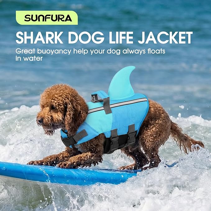 SUNFURA Dog Life Jacket Shark Life Vest for Dogs, Adjustable Swmming Vest with High Buoyancy, Safety Lifesaver with Rescue Handle for French Bulldog Small Medium Breeds, PoolBlue L