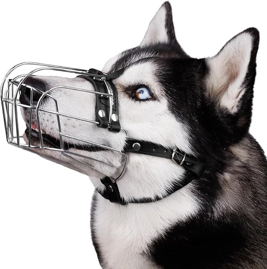 BRONZEDOG Dog Muzzle Adjustable Durable Metal Wire Basket for Large and Extra Large Dogs with Leather Straps Breathable, Drinkable, Training, Prevents Biting (Stainless Steel, Husky & Doberman)