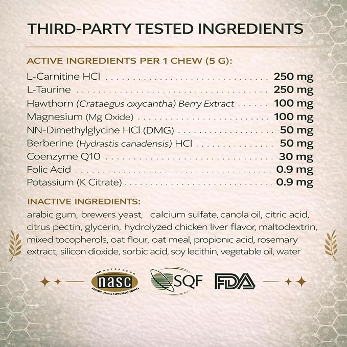 VetriScience Extra Strength Healthy Heart Chews, Vetri Cardio Supplement for Dogs, Cardio Support Supplement with Taurine, Carnitine, CoQ10, and Hawthorn, Chicken, 60 Count