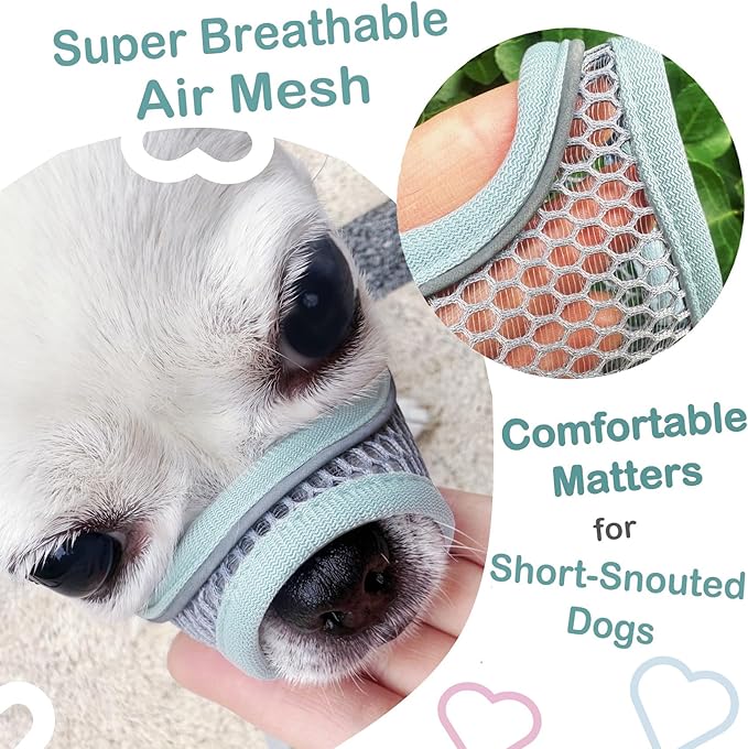 Dog Muzzle, Soft Mesh Muzzles for Small Dogs, Chihuahua Shih Tzu Yorkie Pom, Short Snout Mouth Guard for Barking Biting Grooming, Breathable Adjustable Puppy Muzzle (Mint Blue, XXS)
