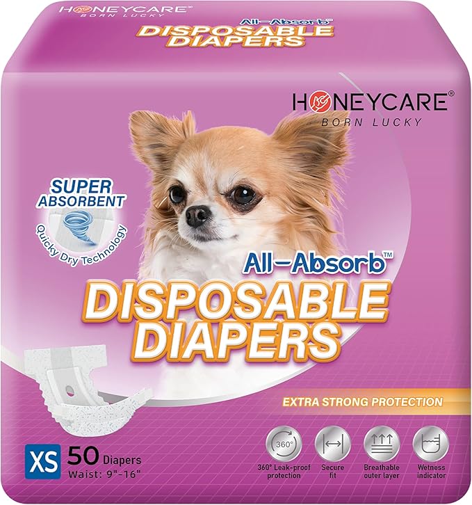 HONEY CARE All-Absorb Disposable Female Dog Diapers Extra Small Size, Improved, 50 Count, Super Absorbent, Breathable, Wetness Indicator (50 Count Total) (Pack of 6)