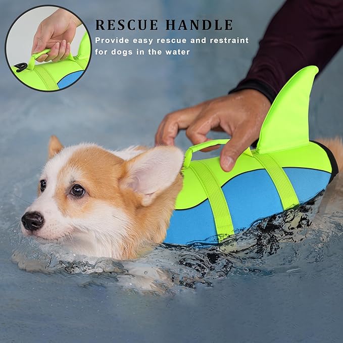 Dogcheer Dog Life Jacket, Cute Shark Dog Life Vest for Swimming Boating with Superior Buoyancy and Rescue Handle, Adjustable Puppy Swim Vest Floating Vest for Small Medium Large Dogs - Blue-Green,M