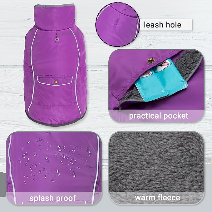 Dog Winter Coat - Warm Dog Clothes for Rain Snow Wind Cold Weather - Reflective Purple Adjustable Windproof Pet Vest Jacket with Leash Hole for Small Medium Large Dogs Indoor Outdoor