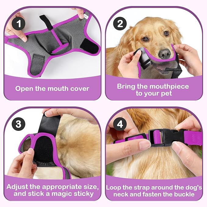 Dog Muzzle, Soft Air Mesh Muzzles for Medium Sized Dogs, Breathable Dog Mussels for Scavenging Biting Licking & Barking, Adjustable Mouth Guard with Front Opening, Allows Panting & Drinking (Purple,M)