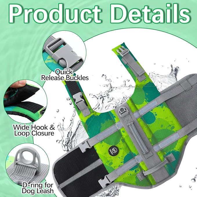 EMUST Dog Life Vests, Adjustable Pet Life Jacket with Rescue Handle, Dog Flotation Device DFD for Small/Medium/Large Dogs, M, MultiGreen