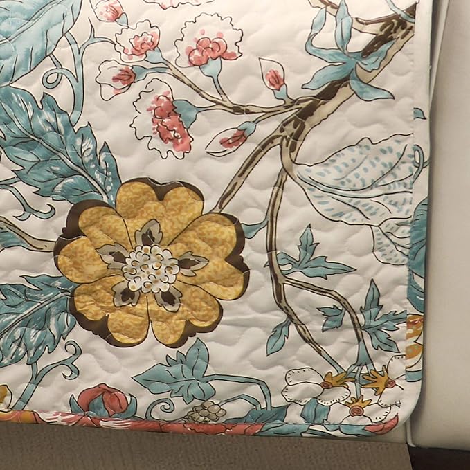 Lush Decor Sydney Furniture Protector, Arm Chair, 71" W x 75" L, Blue & Yellow - Flower Leaf Garden - Quilted Floral Chair Cover - Country Cottage Slipcover - Pet Protector For Chair