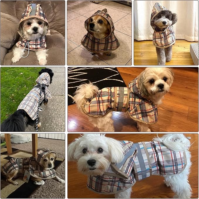 KOOLTAIL Dog Raincoat Hooded Slicker Poncho with Leash Hole, Raincoat for Small Medium Dogs, Waterproof Doggie Rain Jacket with Reflective Strip, Adjustable Breathable Plaid Puppy Rainwear-Beige XS