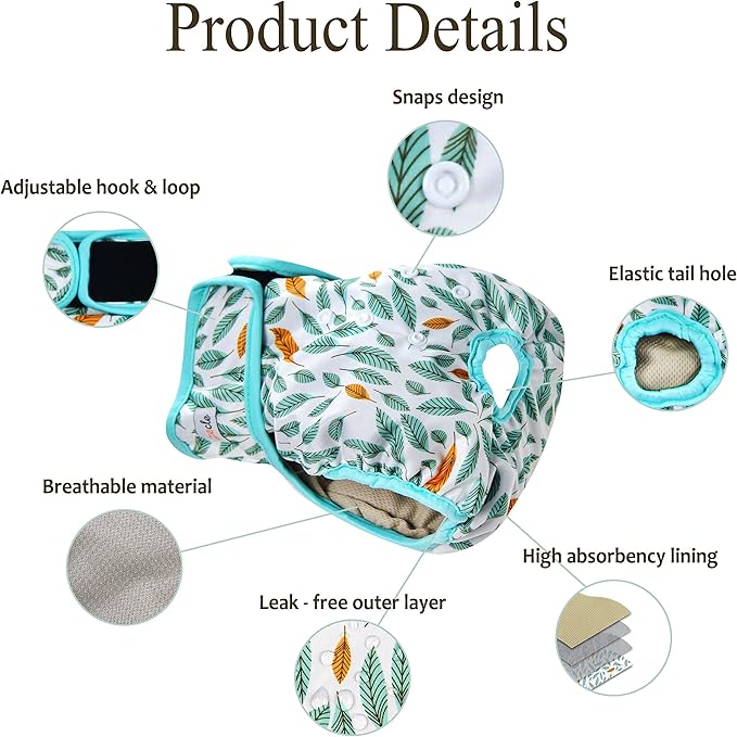 Washable Female Dog Diapers - Premium Reusable Diapers for Doggie in Heat - Highly Absorbent Dog Diapers Female for Pet Incontinence with Adjustable Snaps (Leaves, XL)