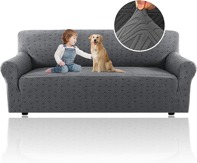 H.VERSAILTEX Jacquard Sofa Cover for Dogs 1 Piece Stretch Sofa Covers Anti-Slip Furniture Protector with Elastic Bottom Soft Thickened Slipcovers Washable Diamond Pattern(Sofa, Grey)