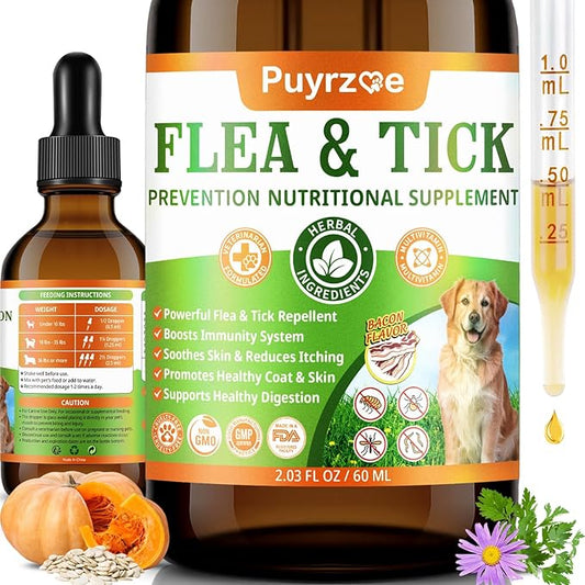Dog Flea Treatment Drops, Natural Oral Flea and Tick Prevention for Dogs with Pumpkin Seed, Echinacea, Omega-3/6/9- Support Immunity, Healthy Skin & Coat, Digestion & Overall Wellness