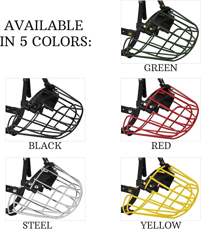 Pitbull Dog Muzzle Metal Mask Amstaff Secure Wire Basket Adjustable Durable Leather Straps for Large Dogs (Green)