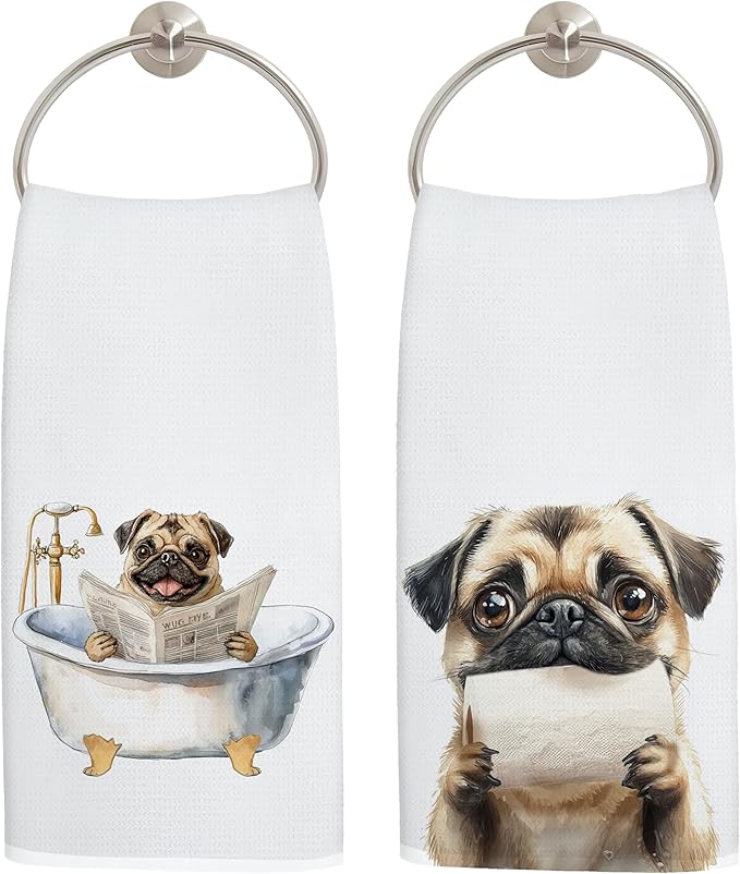 Funny Pug Dog Bathroom Hand Towels, Gifts for Pug Lovers, Funny Bathtub Dog Hand Towels for Bathroom Toilet Washroom Restroom Decor, 16x24 Inch Set of 2