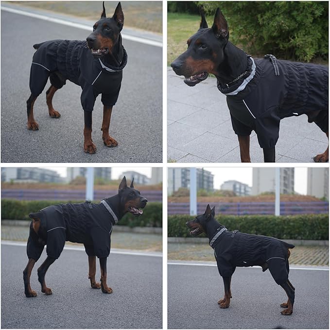 Winter Waterproof Dog Snowsuit – Full Body Outdoor Jacket with Leash Ring, Fleece Lining, Windproof Reflective 4-Leg Dog Coat for Small to Large Dogs Black 3XL