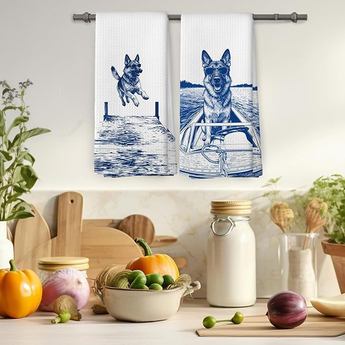 Lake House Decor German Shepherd Kitchen Towels Set of 2, Summer Funny Lake Dog Coastal Bathroom Hand Towel, Dog Lover Gifts Tea Towel Dish Towels 16x24 Inch