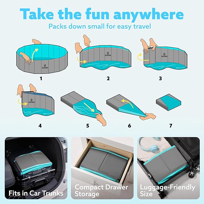 SLOOSH Foldable Dog Kiddie Pool - Portable Hard Plastic Doggie Swimming Pool, Anti-Slip Collapsible Pets Bath Tub Suitable for Kids Toddler Indoor Outdoor Backyard Use (Gray, 63" x 12")