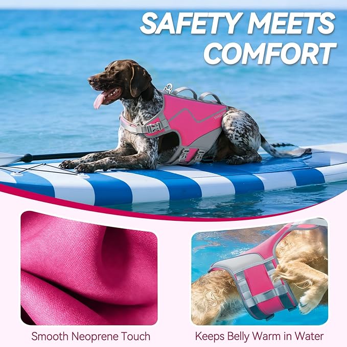 VIVAGLORY Neoprene Dog Life Vest, Dog Life Jacket for Swimming & Boating, Lightweight & Buoyancy for Puppy Doggy, Swimming Vest with Handle, XL, Pink