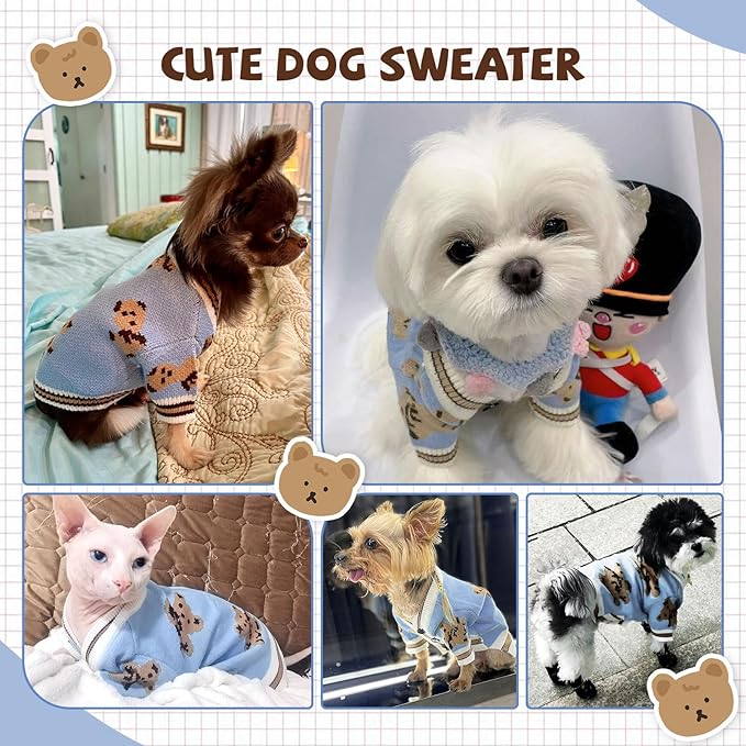 Small Dog Sweaters Cute Bear Knitted Dog Cardigans Clothes for Small Medium Dogs Soft Pet Puppy Cat Knitting Outfits Fall Winter Warm Boy Girl Dogs Knitwear Coat Apparel（Blue,Large）