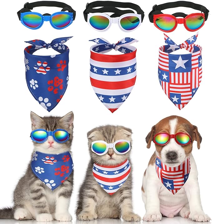 6 Ps 4th of July Dog Bandanas and Goggles Set, American Flag Pet Triangle Scarf Bibs Dog Eye Wear Sunglasses Independence Day Patriotic Pet Costume Accessories