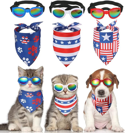 6 Ps 4th of July Dog Bandanas and Goggles Set, American Flag Pet Triangle Scarf Bibs Dog Eye Wear Sunglasses Independence Day Patriotic Pet Costume Accessories