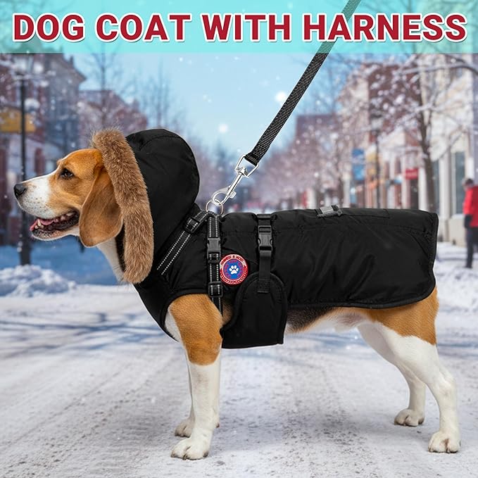 PAWNISAW Dog Winter Coat with Harness Built in, Warm Thick Plush Hooded Dog Snow Jacket for Cold Weather, Windproof Reflective Pet Clothes Outfit for Small, Medium, Large, XL & XXL Dogs Outdoor