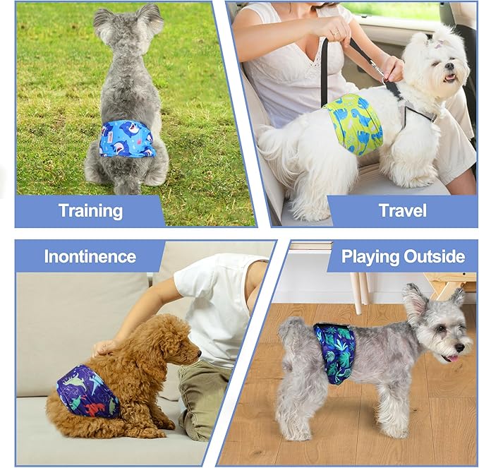 5 Pack Dog Diapers Male Reusable, Premium Belly Bands for Male Dogs, High Absorbing Male Dog Pee Wraps for Doggie in Incontinence or Excitable Urination and Training Dinosaur XXL