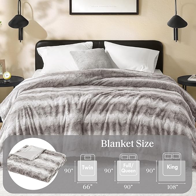 Madison Park Ultra-Soft Poly Fur Blanket King Size, Reversible Plush, All Season & Lightweight Fuzzy Blanket for Bed, Couch & Sofa, Zuri, King/Cal King Grey