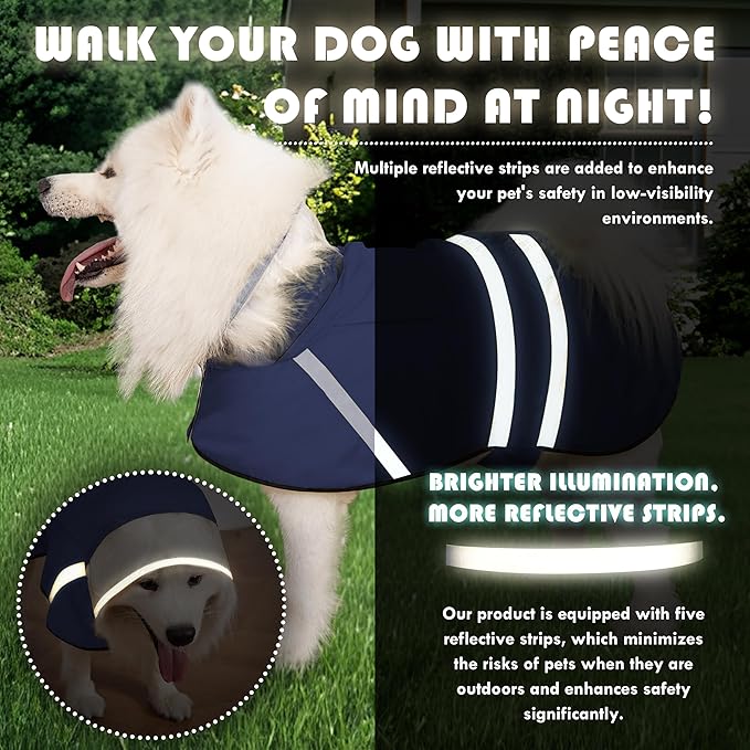 Dog Raincoat, Adjustable Rain Jacket with Hooded Double Layer for Large Medium Small Dogs Puppies, Lightweight Waterproof Rain Coat Poncho with Reflective Stripe Navy,S