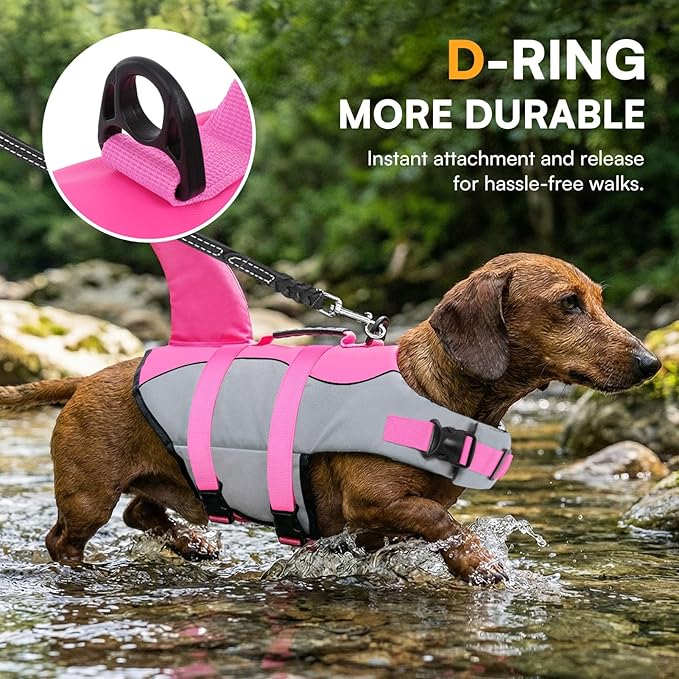 Queenmore Dog Life Jacket Ripstop Shark Dog Safety Vest Adjustable Preserver with High Buoyancy and Durable Rescue Handle for Small,Medium,Large Dogs, Pink Shark Medium