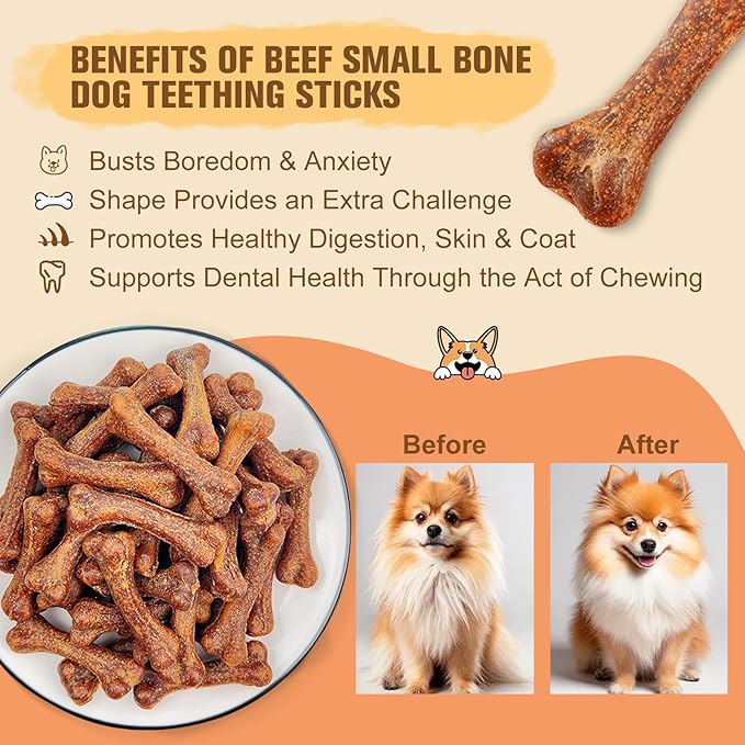 Dental Chew Bone Sticks for Dogs - Beef Flavor Teeth Cleaning Treats, Chew Toy for Small to Medium Dogs, Healthy Teeth Cleaning Treats (S, Beef)