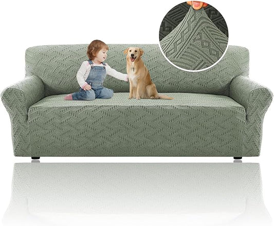 H.VERSAILTEX Jacquard Sofa Covers 1 Piece High Stretch Sofa Covers Furniture Protector Anti-Slip Soft Thickened Slipcovers Washable Pets Dogs Friendly Wind Bell Pattern(Sofa, Sea Grass)