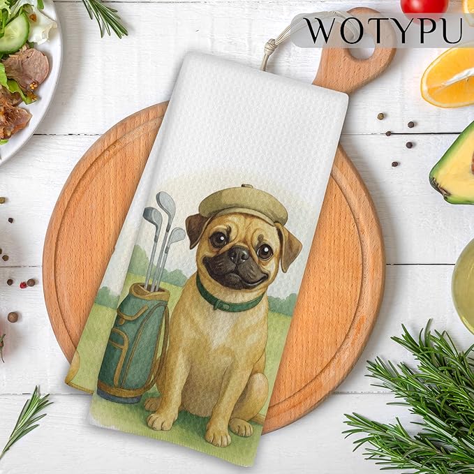 Funny Golf Pug Gifts Kitchen Towels, Dog Gifts for Women Men, Gifts for Pug Lovers Dish Tea Towels, Golf Lovers Gift Decorative Hand Towel for Bathroom, 16x24 Inch
