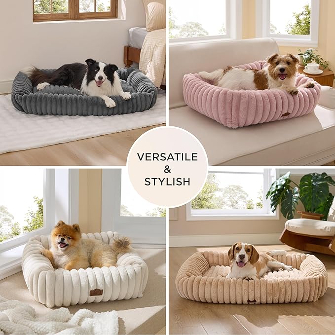Bedsure ComfyFleece™ Cute Dog Beds Large Sized Dog - Washable Furry Pet Beds, Rectangle Orthopedic Corduroy Fleece Puppy Beds with Removable Zipper Cover, 36x27x8inches, Amphora