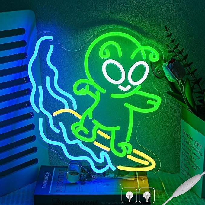 Alien Surfing Neon Sign for Wall Decor, Dimmable Green Alien Neon Light,USB Powered Alien Led Light Up Sign for Man Cave Bedroom Game Room Bar Pub Party Home Decor