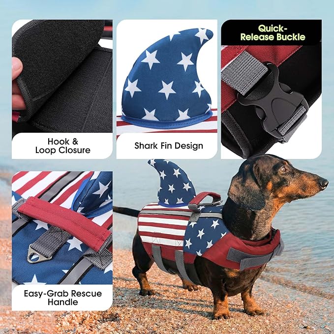 SUNFURA Dog Life Jacket Shark Life Vest for Dogs, Adjustable Swmming Vest with High Buoyancy, Safety Lifesaver with Rescue Handle for French Bulldog Small Medium Breeds, USA Flag M
