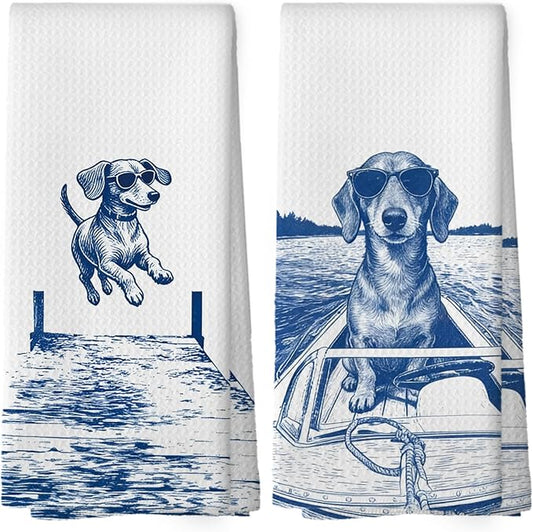 Lake House Decor Dachshund Kitchen Towels Set of 2, Summer Funny Lake Dog Coastal Bathroom Hand Towel, Dog Lover Gifts Tea Towel Dish Towels 16x24 Inch